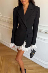 Cue The Chic Lace Trim Button Long Sleeve Lapel Blazer Mini Dress