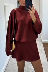 Solana Satin Draped Ribbons High Neck Long Sleeve Elastic Wst Mini Dress