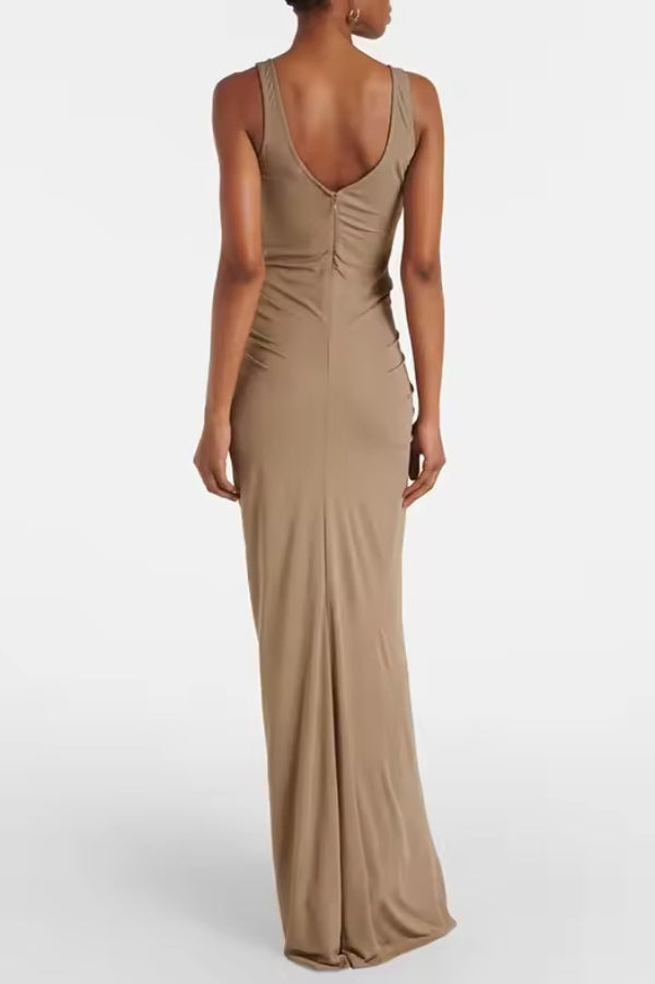 Solid Color Sleeveless Pleated Slim-fit Elegant Maxi Dress