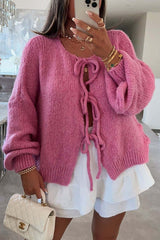 Solid Color Long-sleeved V-neck Lace-up Loose Knitted Sweater