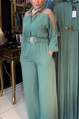 Fashion Mesh Splicing Lapel Long Sleeve Waist Pocket Wide Leg Jumpsuit