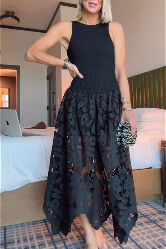 Atlas Asymmetric Ribbed-knit and Guipure Lace Back Zipper Midi Dress