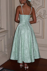 Palace Style Jacquard Fabric Backless Tie Slim Midi Dress