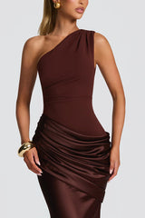 Stylish One-shoulder Sleeveless Satin Draped Slim-fit Maxi Dress