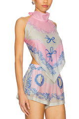 Amalfi Coast Satin Unique Print Scarf Top and Elastic Waist Pocket Loose Shorts Set