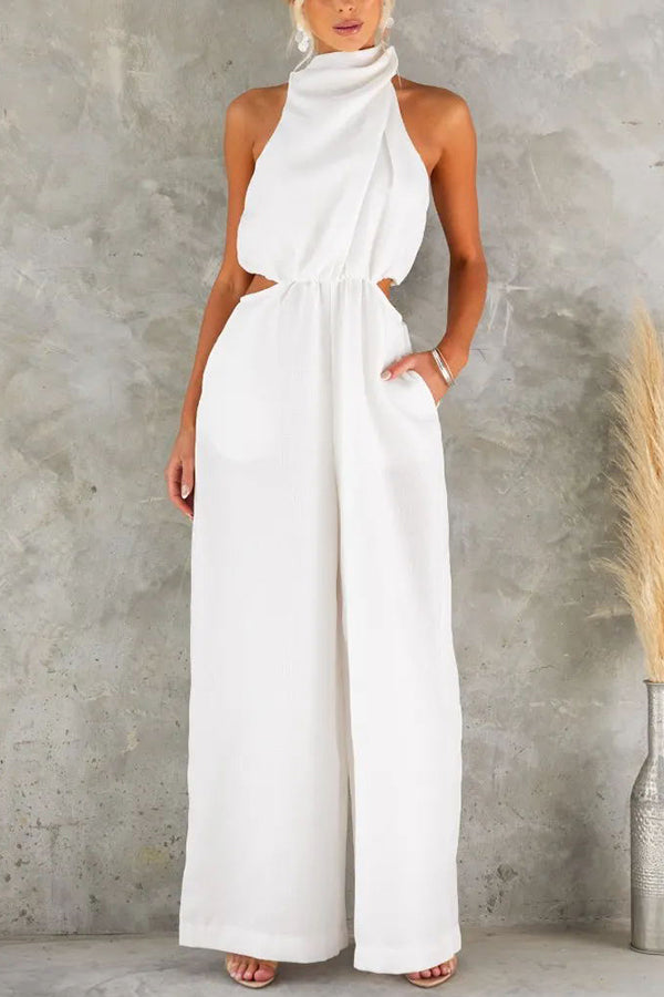 Elyssa High Neck Cutout Elastic Waist Pocketed Wide Leg Jumpsuit