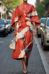 Unique Print Batwing Sleeve Waisted Casual Midi Dress
