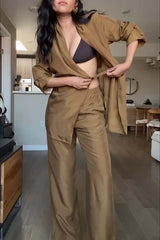 Bella Satin Drape Collar Single Button Casual Blazer and Elastic Waist Pocket Loose Pants Set