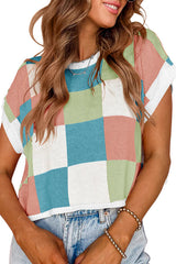 Fashionable Checkerboard Color Block Short-sleeved Loose Sweater