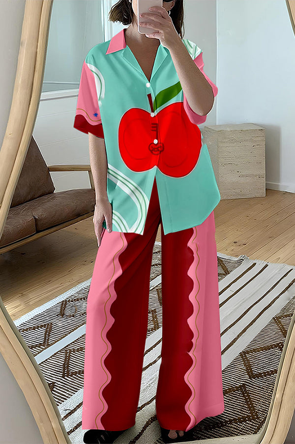 Apple Print Oversized Blouse and Elastic Waist Pocketed Pants Set