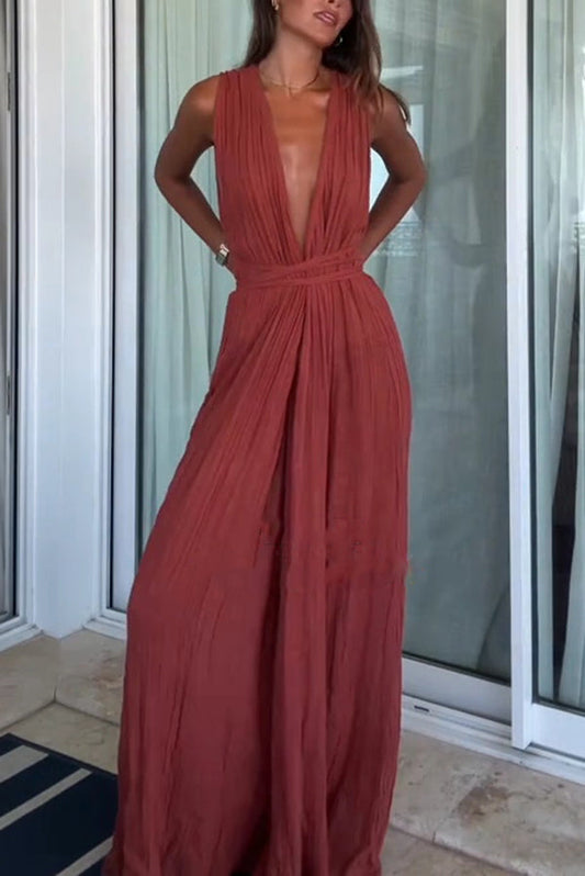 Resort Style V-neck Tie Pleated Casual Jumpsuit