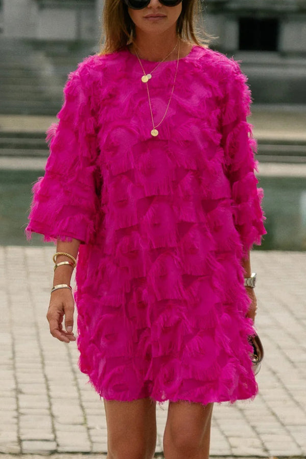 Solid Color Loose Round Neck Casual Tassel Mini Dress