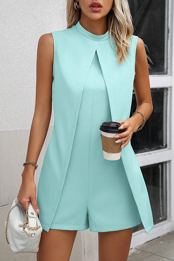 Solid Color Stand Collar Sleeveless Fake Two-piece Casual Rompers
