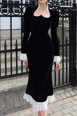 Baroque Style Velvet Lace Trim Sweetheart Neck Long Sleeve Flare Midi Dress