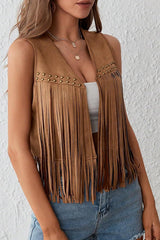 Stylish Suede V-neck Sleeveless Casual Studded Tassel Vest