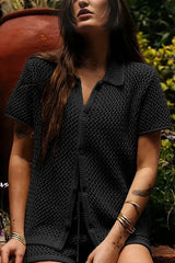 Fashionable Hollow Short-sleeved Casual Top and Elastic Waist Drawstring Shorts Set