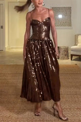 Enchanted Night Sequin Low-cut Corset Balloon Hem Slip Midi Dress