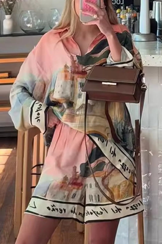 Unique Print Lapel Long Sleeve Loose Shirt and Elastic Waist Casual Pocket Shorts Set