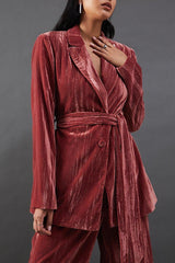 Solid Color Velvet Long-sleeved Waist Tie Top and Elastic Waist Casual Pocket Straight-leg Pants Set