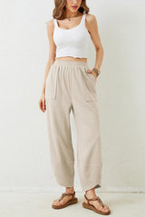 Solid Color Casual Elastic Waistband Wide-leg Pants