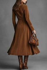 Stylish Suede Long-sleeved Fitted Waist Belted Midi Dress