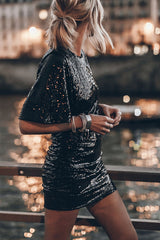 Countdown Celebration Sequin Short Bell Sleeve Open Back Ruched Mini Dress