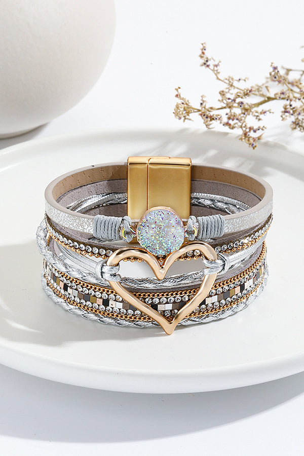 Bohemian Leather Cord Multi-layered Raw Stone Heart Bracelet