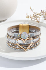 Bohemian Leather Cord Multi-layered Raw Stone Heart Bracelet
