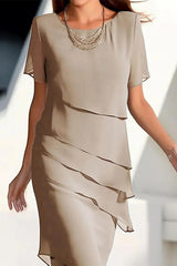Solid Color Chiffon Round Neck Short Sleeve Slim Stitching Midi Dress