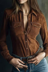 Stylish Suede Long-sleeved Button-down Casual Shirt