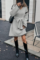 Stylish Loose-fitting Long-sleeved Tie-waist Knit Mini Dress