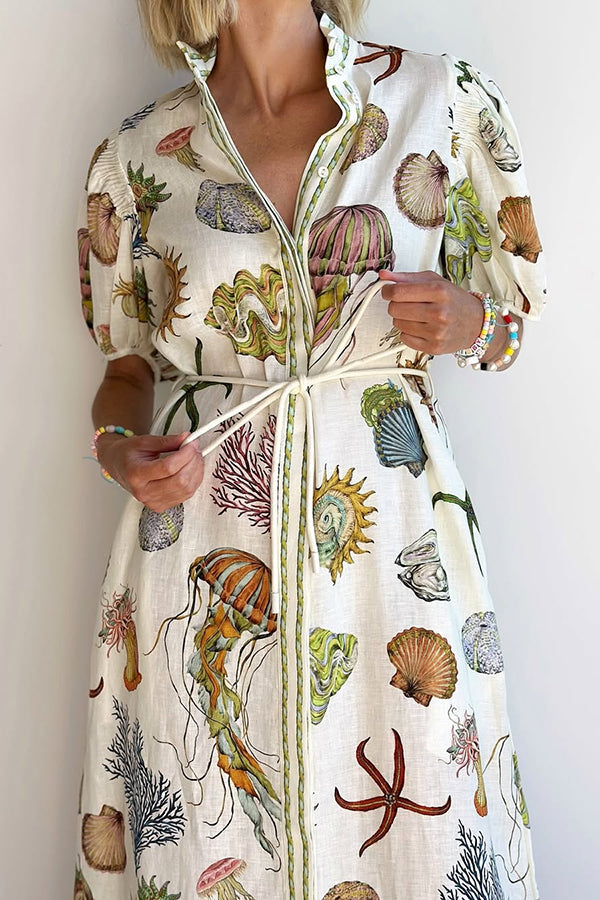 Beach Shell Print Puff Sleeve Tie-Waist Casual Midi Dress