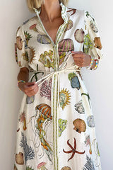 Beach Shell Print Puff Sleeve Tie-Waist Casual Midi Dress
