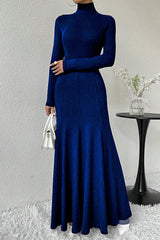 Solid Color High-neck Long-sleeved Slim-fit Fishtail Elegant Maxi Dress