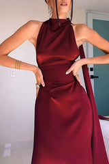 Solid Color Satin Elegant Sleeveless Waist Maxi Dress
