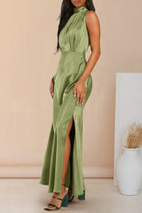The Story of Us Satin High Neck Slit Maxi Dress