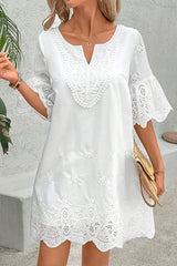 Solid Color Hollow Embroidery Casual Lace V-Neck Mini Dress