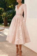 Floral Print V-neck Long Sleeve Tie Waist Elegant Midi Dress