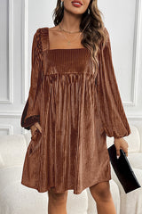 Solid Color Velvet Square Neck Long Sleeve Pocket Casual Mini Dress