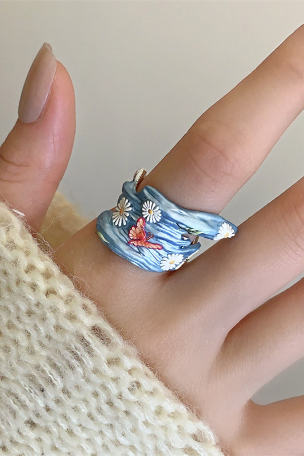 Colorful Dopamine Haze Blue Hand-painted Ring