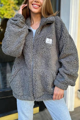 Solid Color Casual Long Sleeve Zipper Pocket Loose Jacket