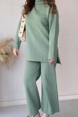 Solid Color Round Neck Long Sleeved Sweater and Elastic Waist Pants Two Piece Set