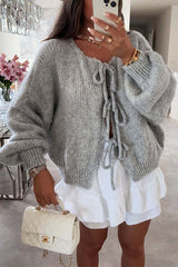 Solid Color Long-sleeved V-neck Lace-up Loose Knitted Sweater