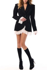 Cue The Chic Lace Trim Button Long Sleeve Lapel Blazer Mini Dress