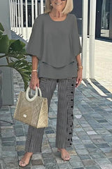 Fashion Round Neck Half Sleeve Loose Top and Elastic Waist Casual Straight Pants Set