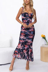 Styled To Perfection Floral Ruched Mesh Overlay Ruffle Hem Maxi Dress