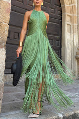 Fashion Sleeveless Halter Neck Elegant Tassel Slim Maxi Dress