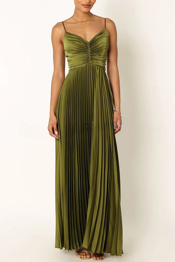 A Dreamy Escape Satin Adjustable Straps Pleated Maxi Dress