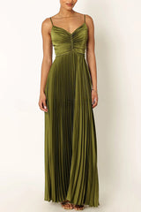 A Dreamy Escape Satin Adjustable Straps Pleated Maxi Dress