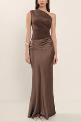Kaia Satin Contrast Fabric Patchwork One Shoulder Ruched Maxi Dress